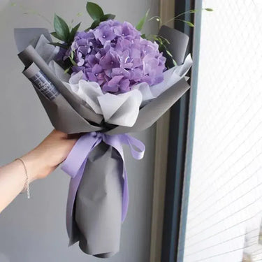 The Art of Purple Bouquet, Purple Hydrangea, Ruscus, Fillers, Contrast Wrap, Ribbon Bow
